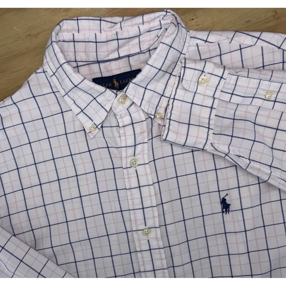 Polo Ralph Lauren Mens Medium Long Sleeve Plaid Button Down White Blue Pink